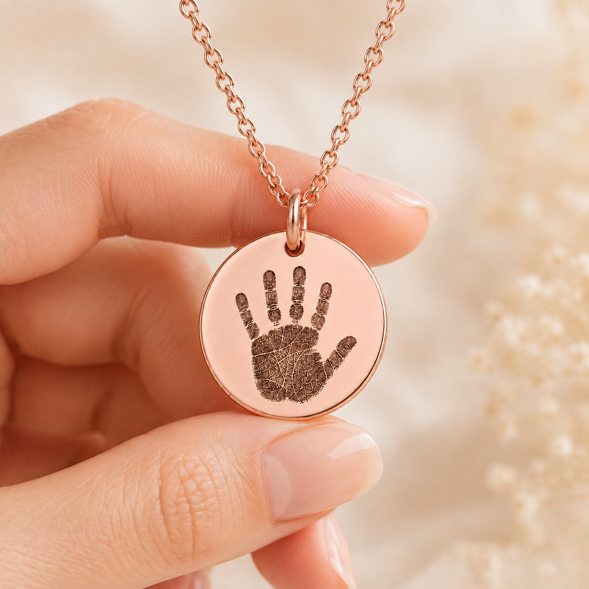 Rose Gold Handprint Disc Necklace