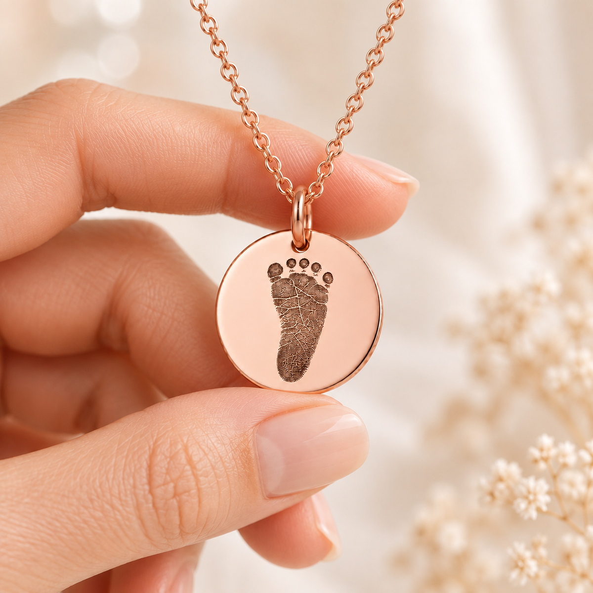 Rose Gold Footprint Disc Necklace