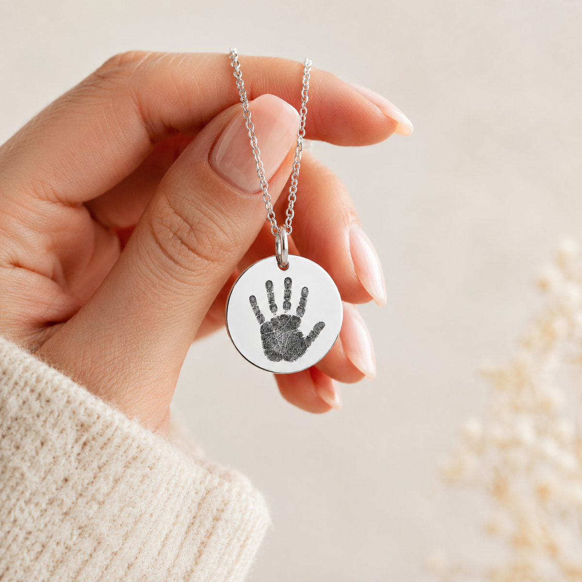 Silver Handprint Disc Necklace