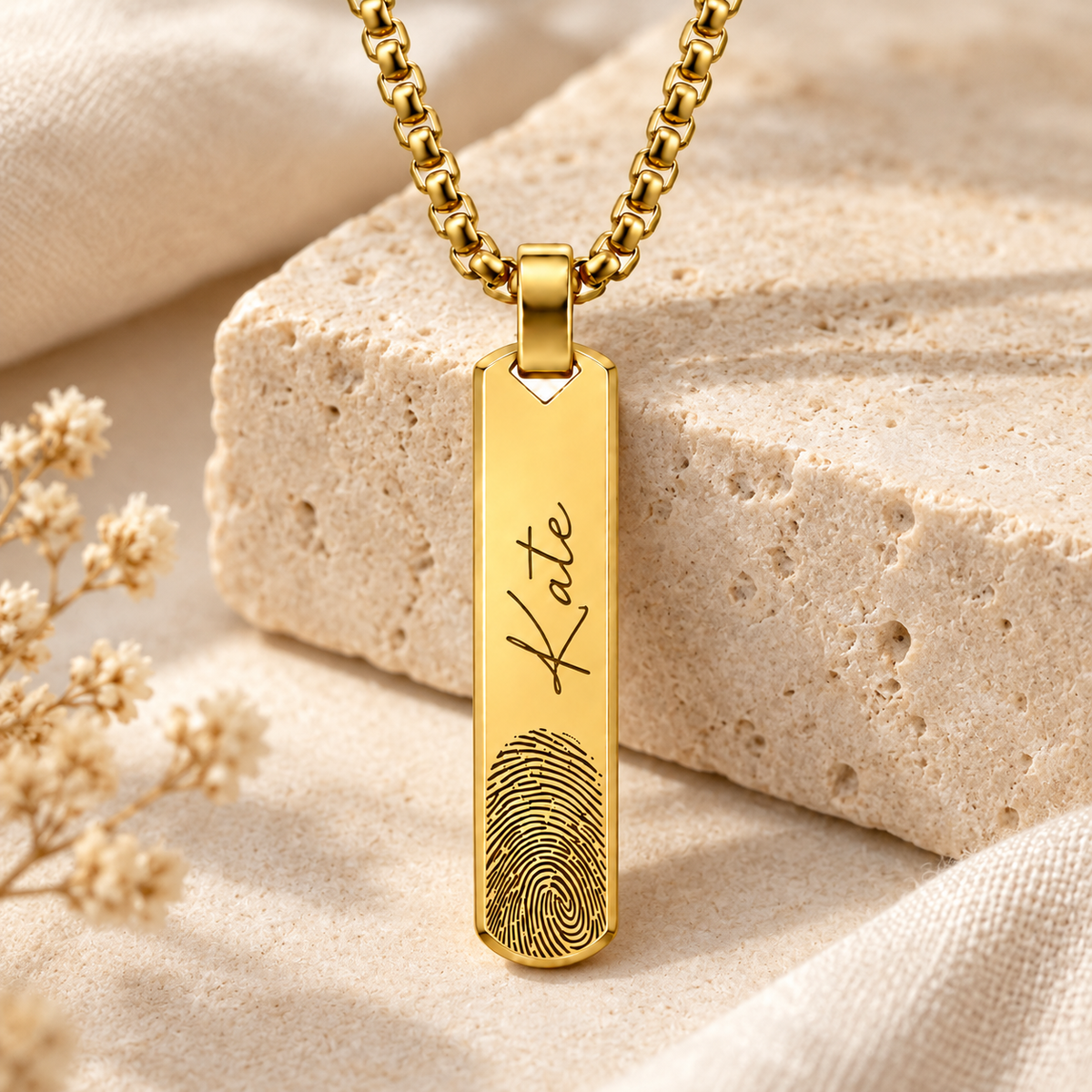 Gold Fingerprint & Name Bar Necklace