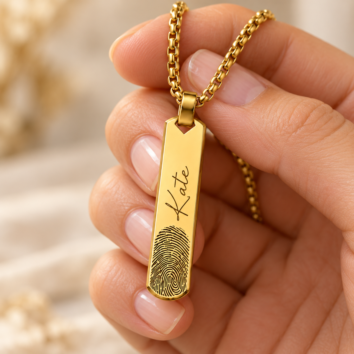 Gold Fingerprint & Name Bar Necklace