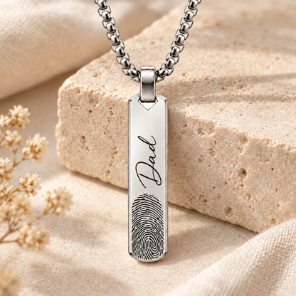 Silver Fingerprint & Name Bar Necklace