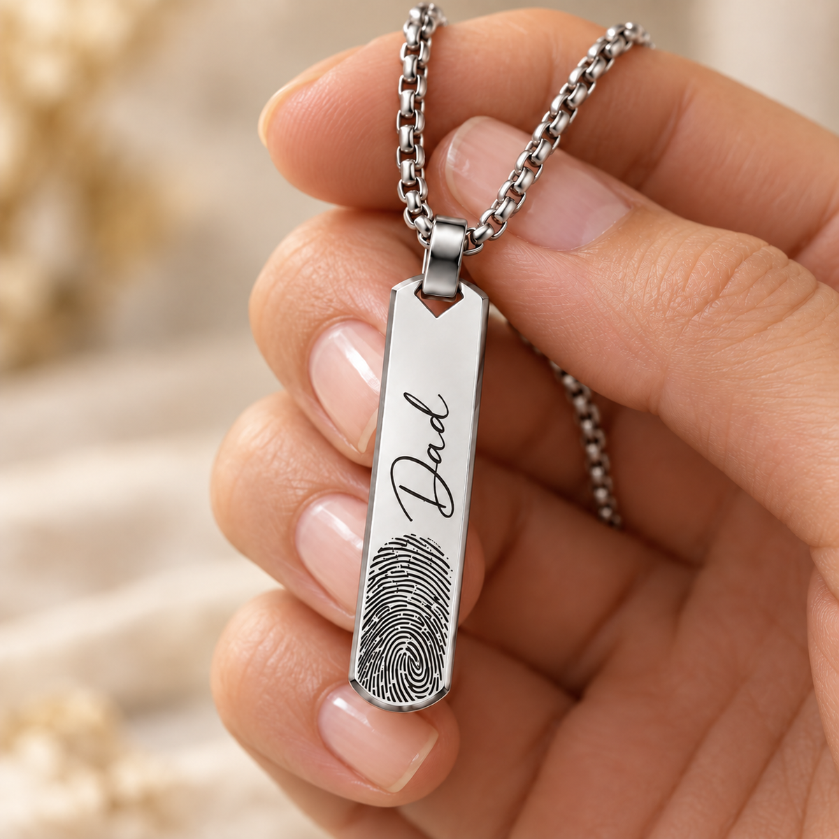 Silver Fingerprint & Name Bar Necklace
