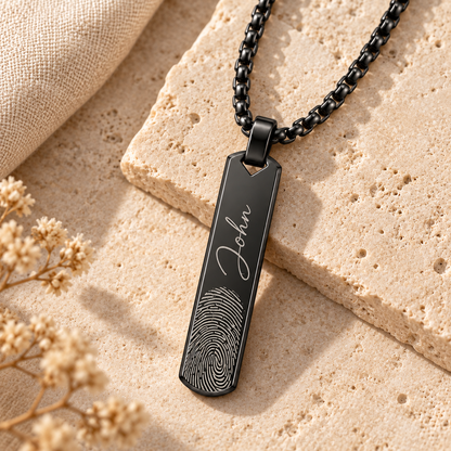 Black Fingerprint & Name Bar Necklace