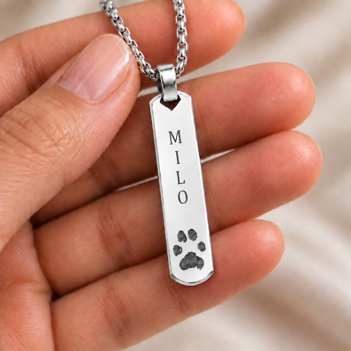 Silver Paw Print & Name Bar Necklace