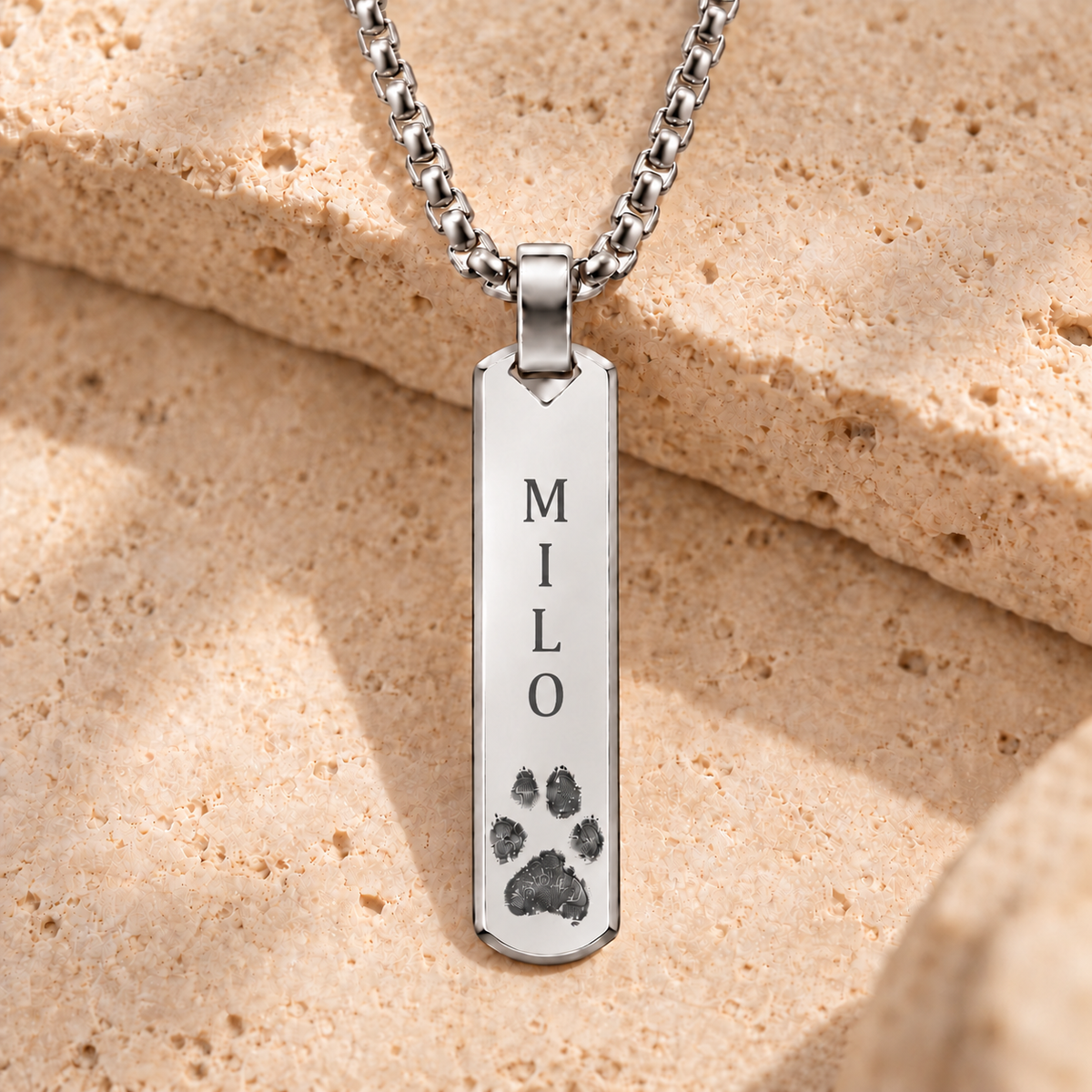 Silver Paw Print & Name Bar Necklace