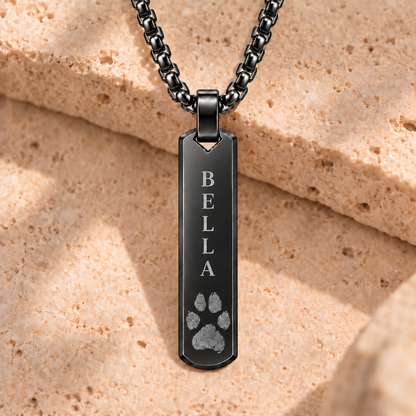 Black Paw Print & Name Bar Necklace