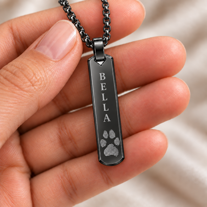 Black Paw Print & Name Bar Necklace