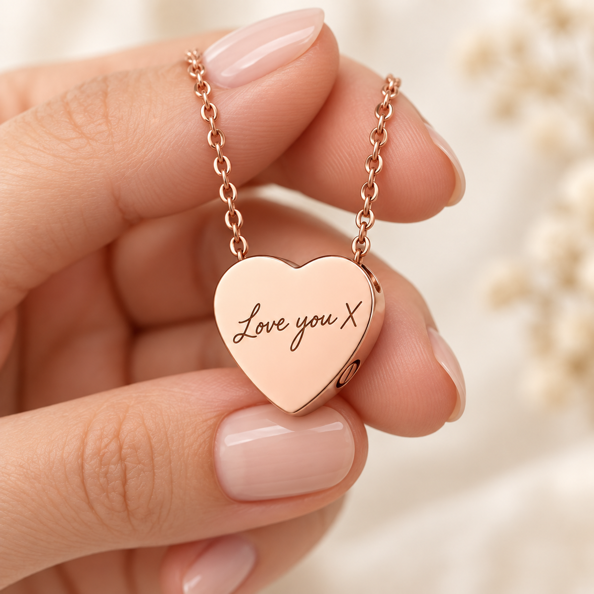 Rose Gold Handwriting Heart Urn Necklace