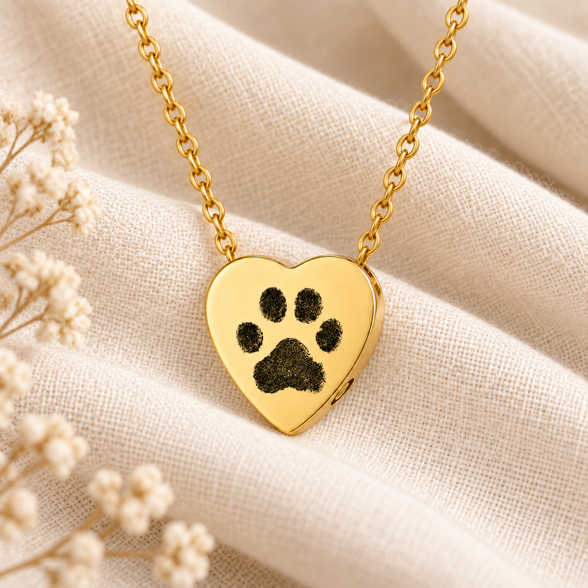 Gold Paw Print Heart Urn Necklace