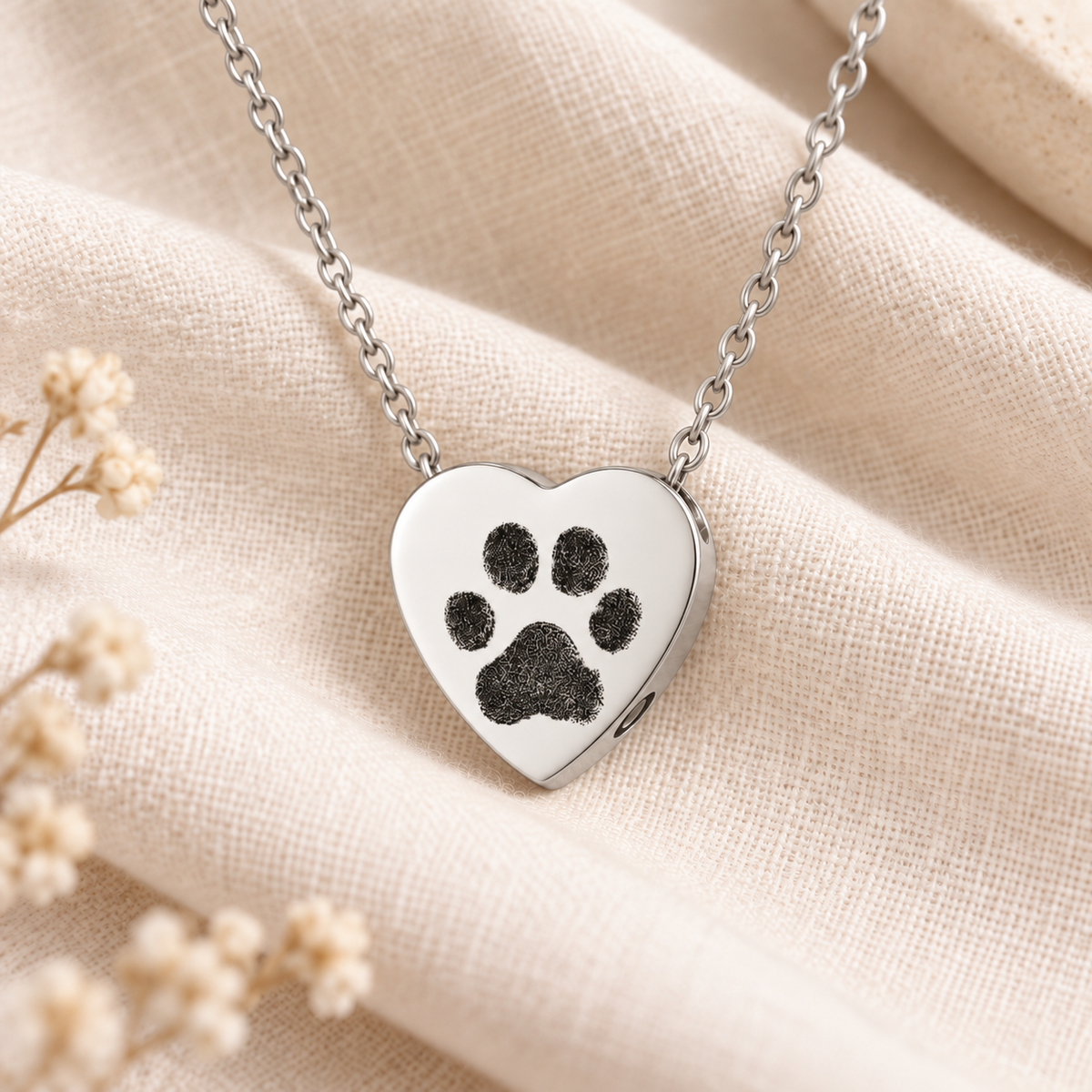 Silver Paw Print Heart Urn Necklace