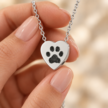 Silver Paw Print Heart Urn Necklace