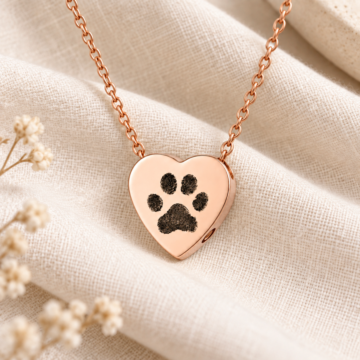 Rose Gold Paw Print Heart Urn Necklace
