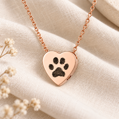Rose Gold Paw Print Heart Urn Necklace