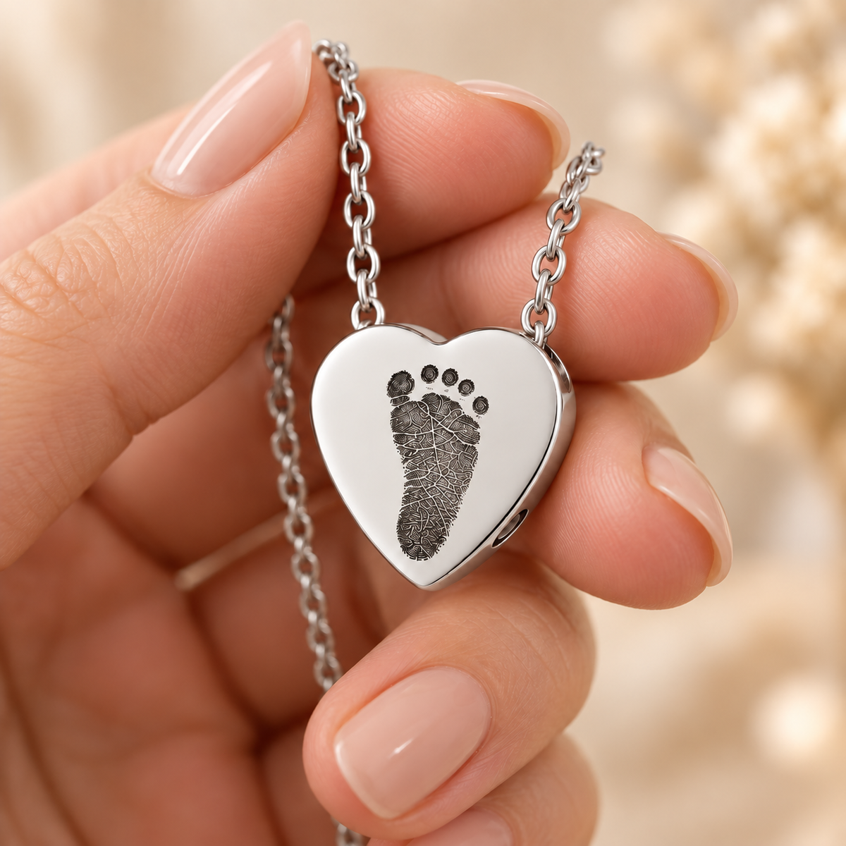 Silver Footprint Heart Urn Necklace