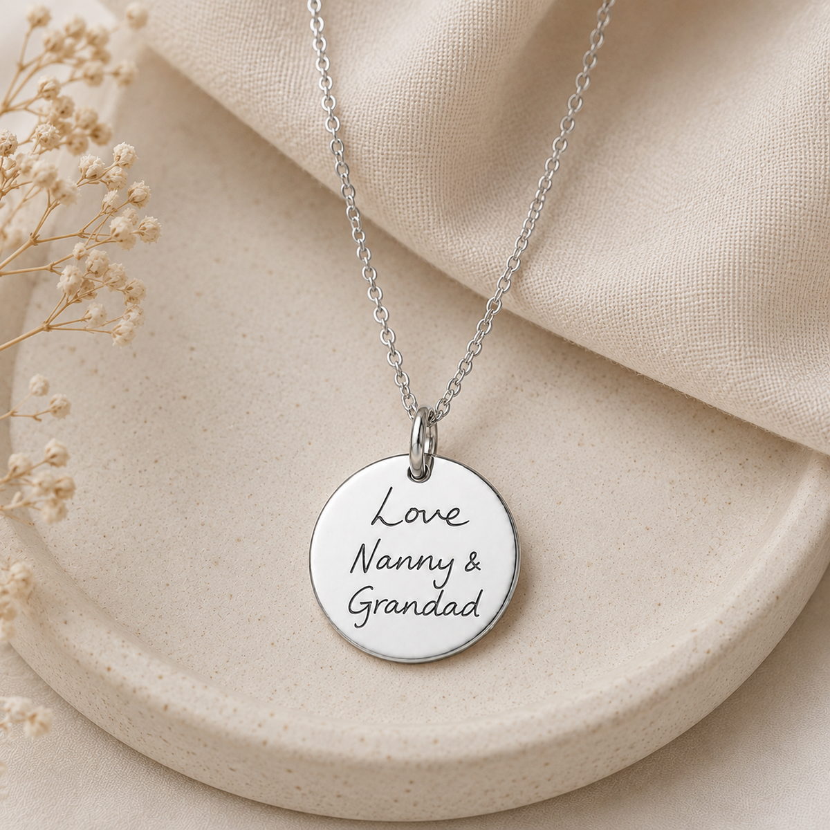Silver Handwriting Disc Necklace