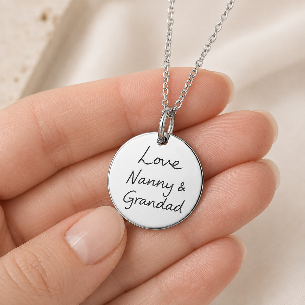 Silver Handwriting Disc Necklace
