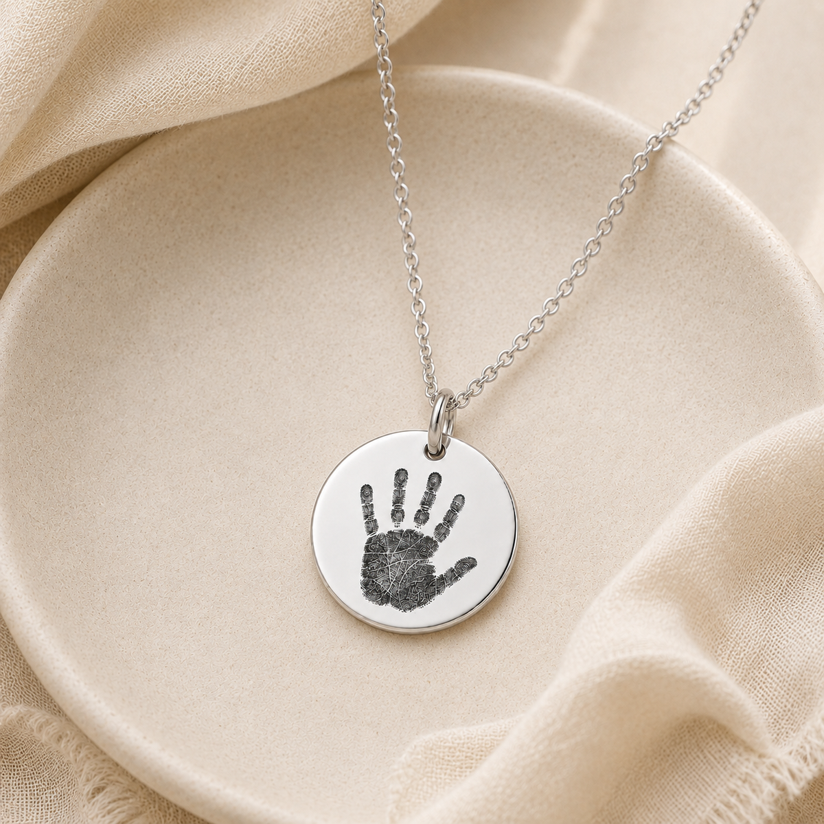Silver Handprint Disc Necklace