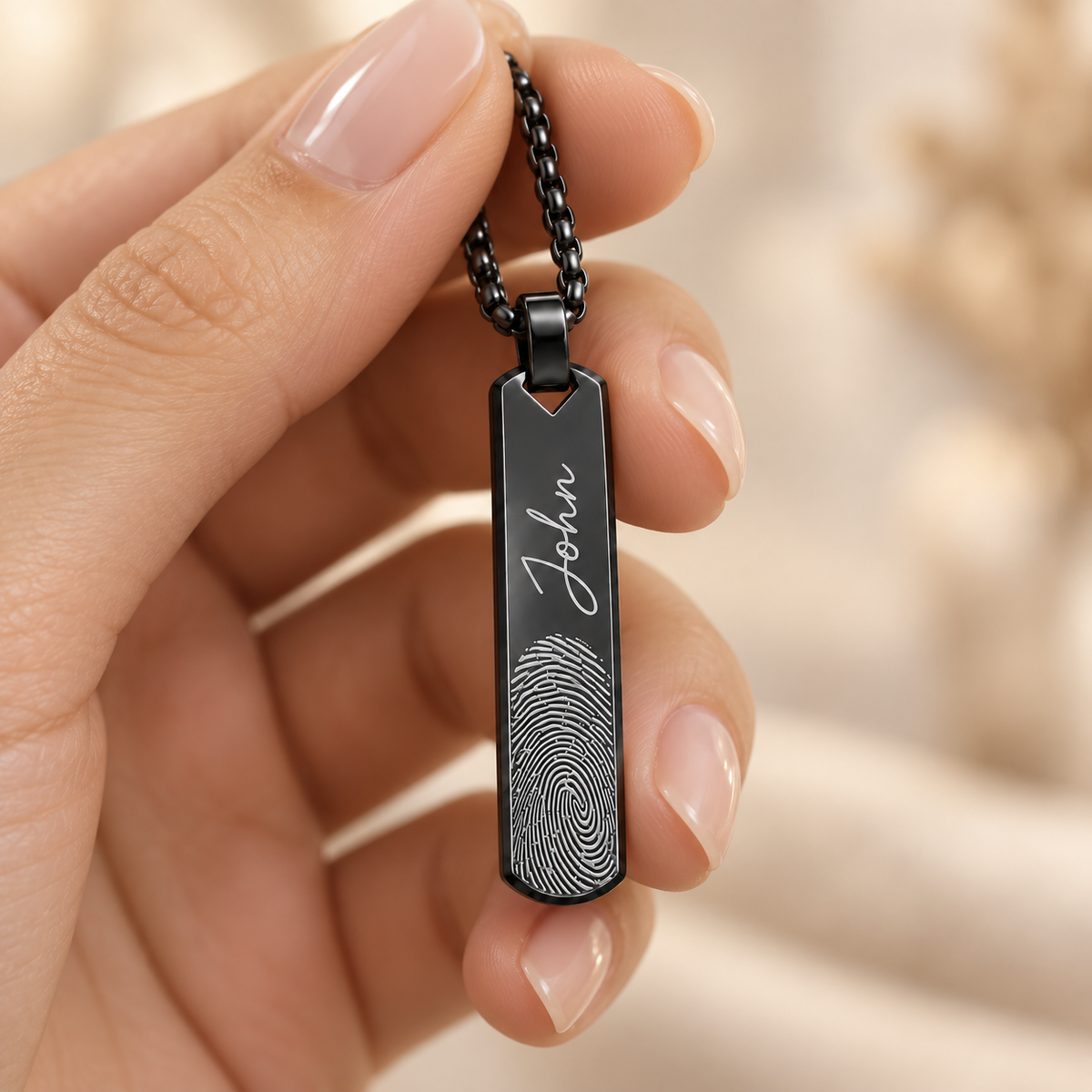 Black Fingerprint & Name Bar Necklace