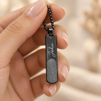 Black Fingerprint & Name Bar Necklace