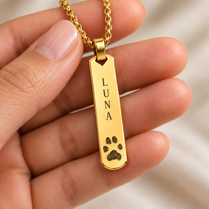 Gold Paw Print & Name Bar Necklace