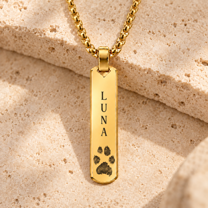 Gold Paw Print & Name Bar Necklace