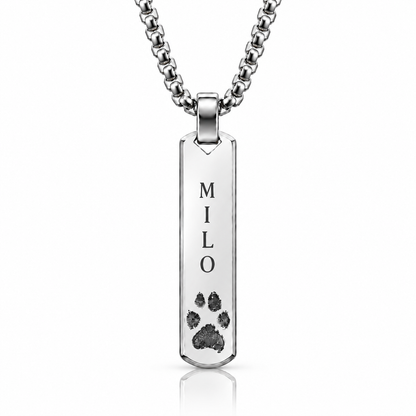 Silver Paw Print & Name Bar Necklace